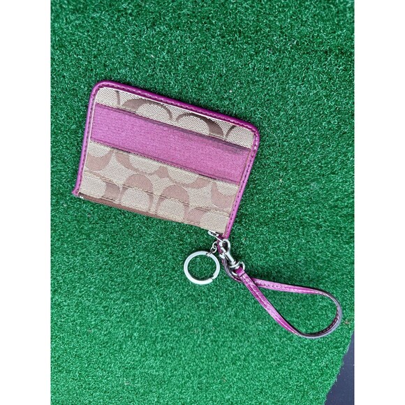 Coach Card Case In Signature Canvas Boysenberry/Pink Leather Trim Wristlet - Picture 1 of 4